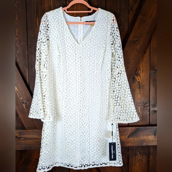 Karl Lagerfeld Dresses & Skirts - Karl Lagerfeld Paris White Bell Sleeve Eyelet Lace Dress New With Tags SIze 8